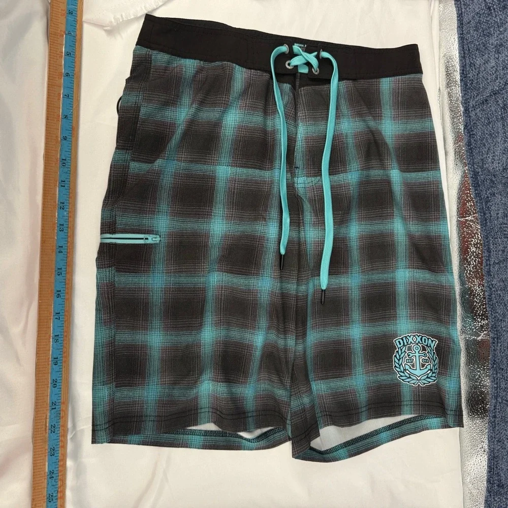 Dixxon Eliminator Board Shorts Mens 30 Teal Black Plaid Performance Skater